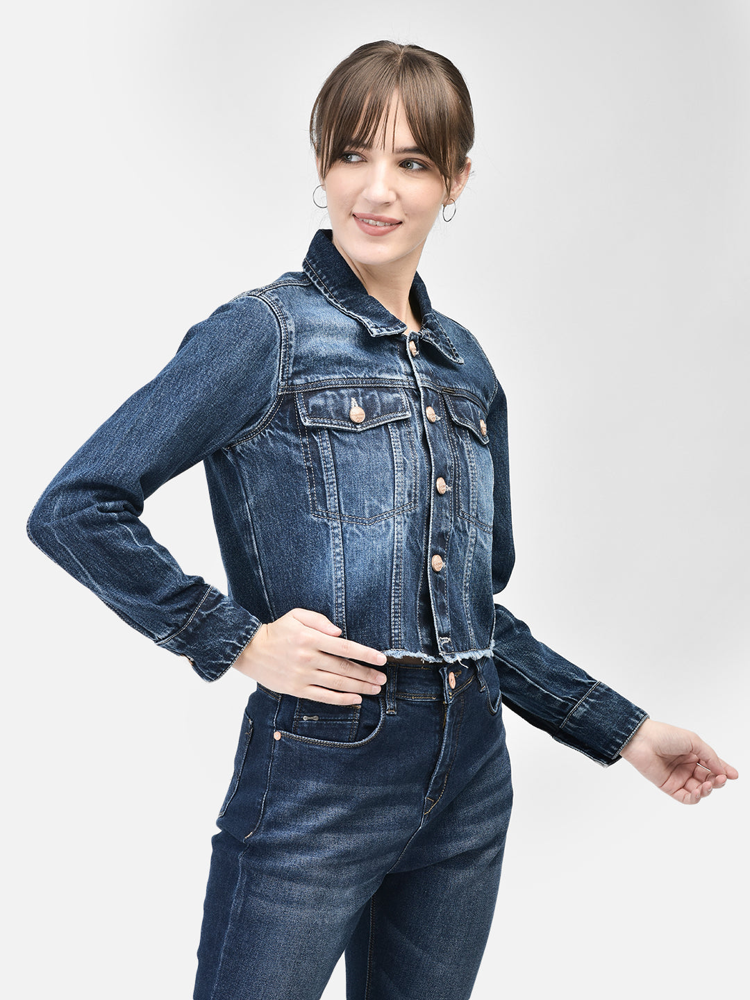 Blue Cropped Denim Jacket-Women Jackets-Crimsoune Club