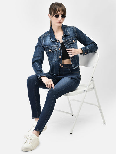 Blue Cropped Denim Jacket-Women Jackets-Crimsoune Club