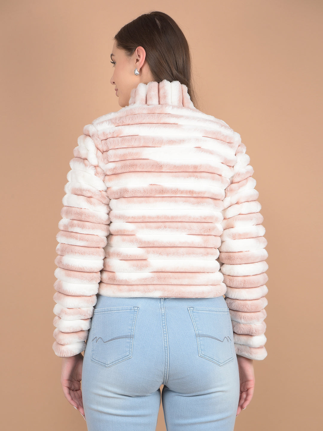 Pink Printed High Neck Fur Jacket-Women Jackets-Crimsoune Club