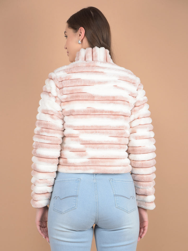 Pink Printed High Neck Fur Jacket-Women Jackets-Crimsoune Club