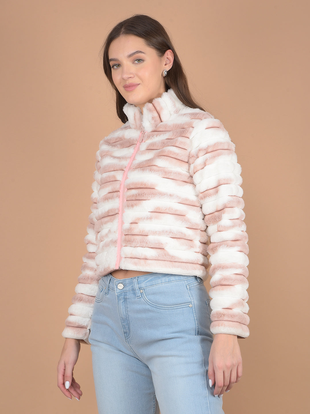 Pink Printed High Neck Fur Jacket-Women Jackets-Crimsoune Club
