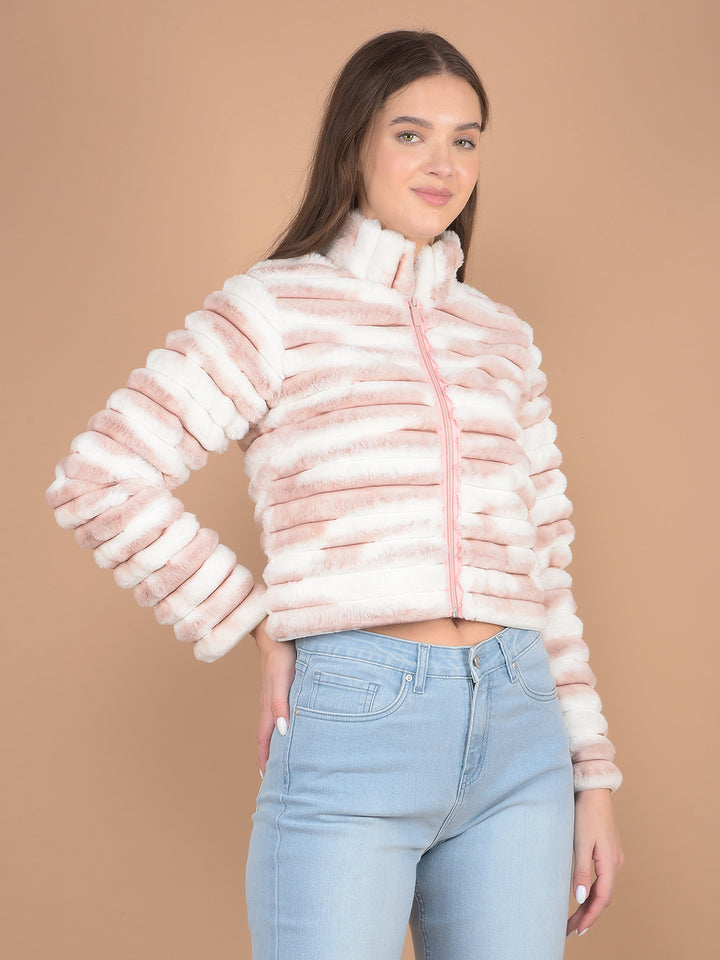 Pink Printed High Neck Fur Jacket-Women Jackets-Crimsoune Club