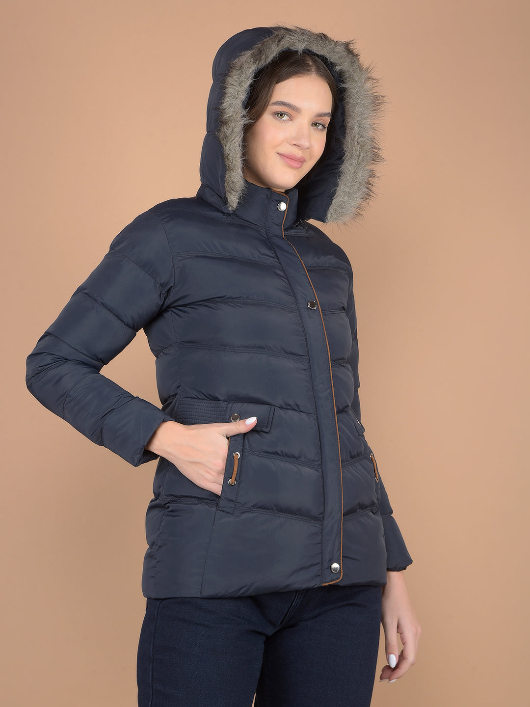 Navy Blue Hooded Neck Padded Jacket-Women Jackets-Crimsoune Club