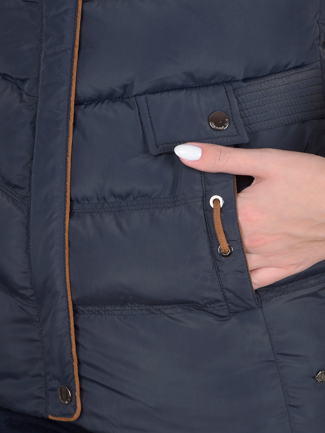 Navy Blue Hooded Neck Padded Jacket-Women Jackets-Crimsoune Club