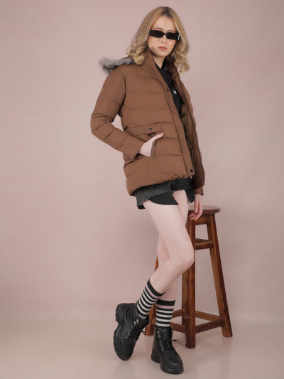 Brown Hooded Neck Padded Jacket-Women Jackets-Crimsoune Club