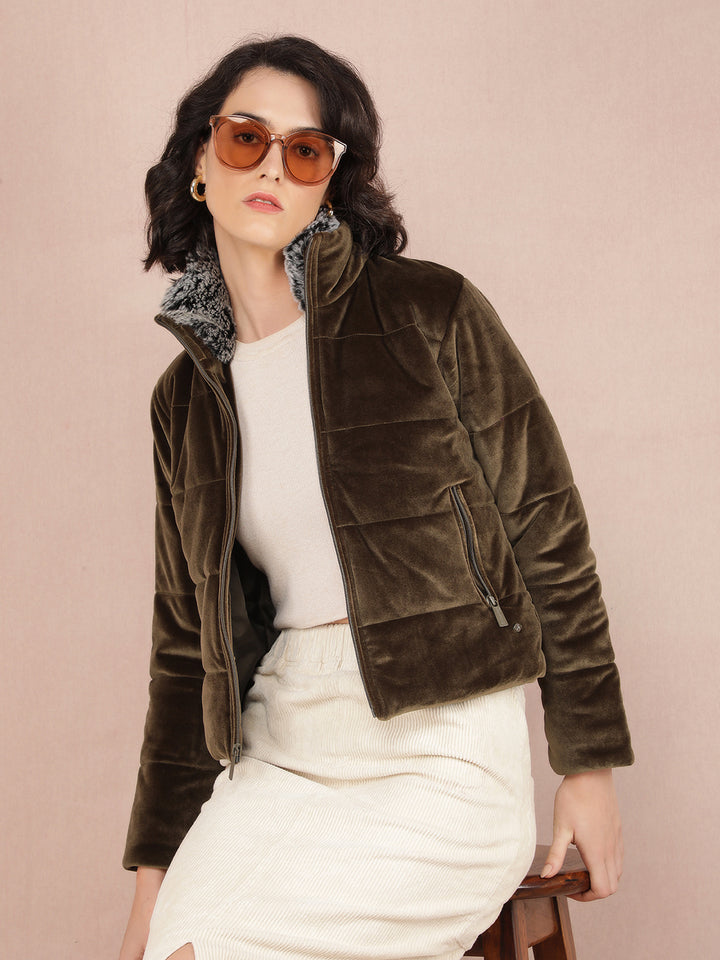 Olive Quilted High Neck Jacket-Women Jackets-Crimsoune Club