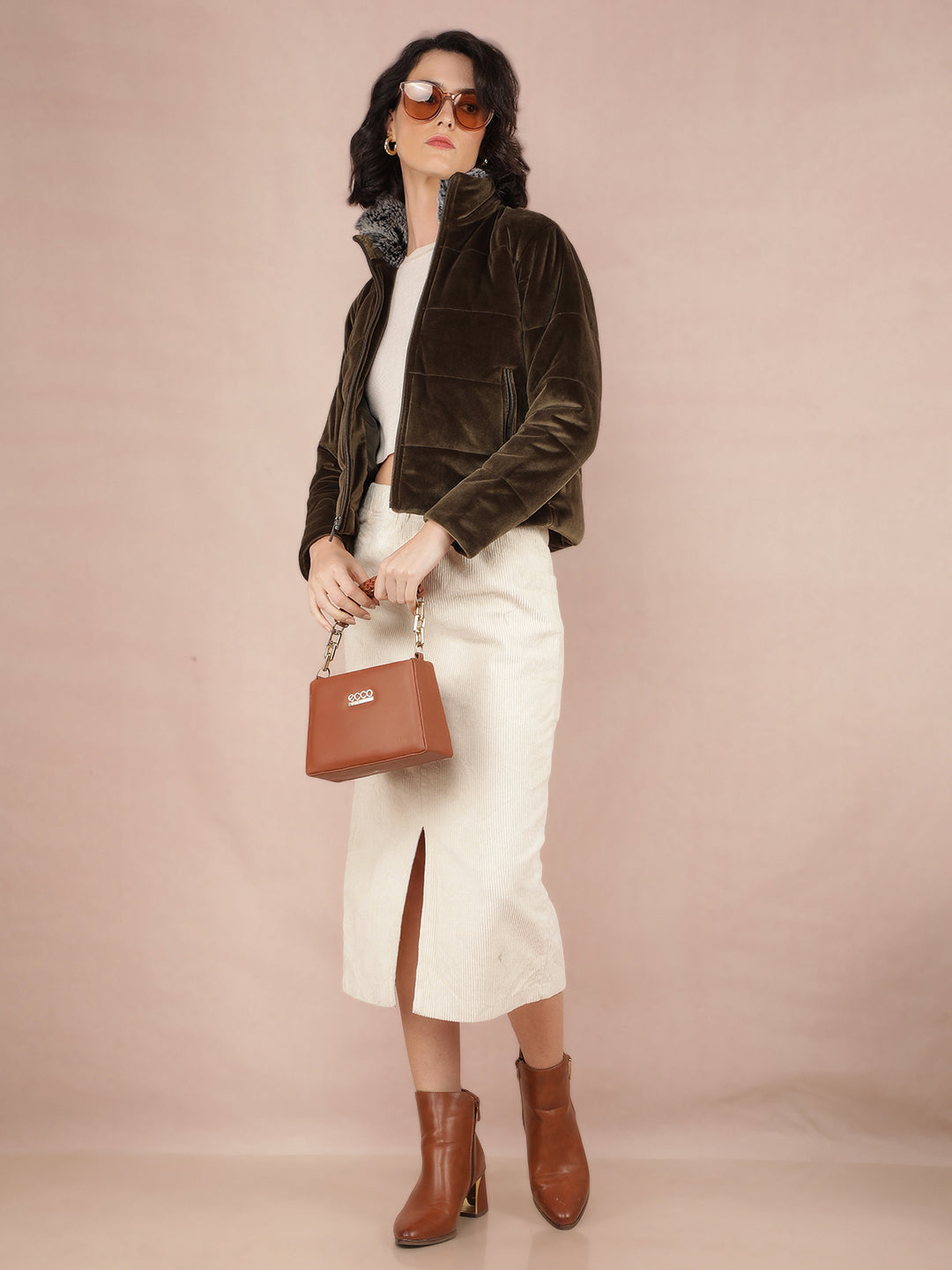 Olive Quilted High Neck Jacket-Women Jackets-Crimsoune Club