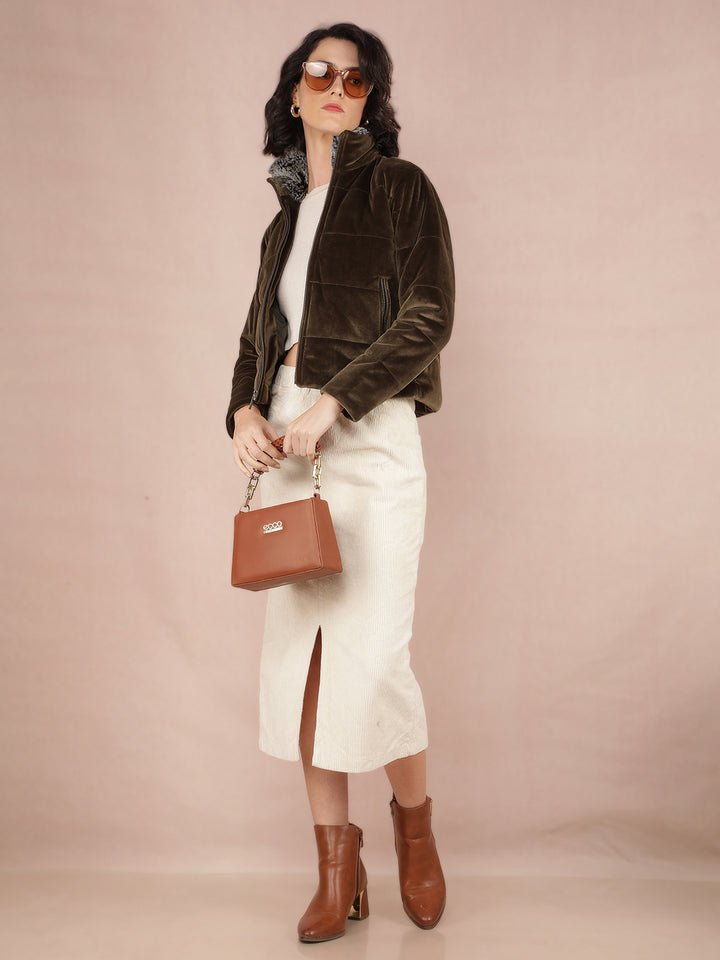 Olive Quilted High Neck Jacket-Women Jackets-Crimsoune Club