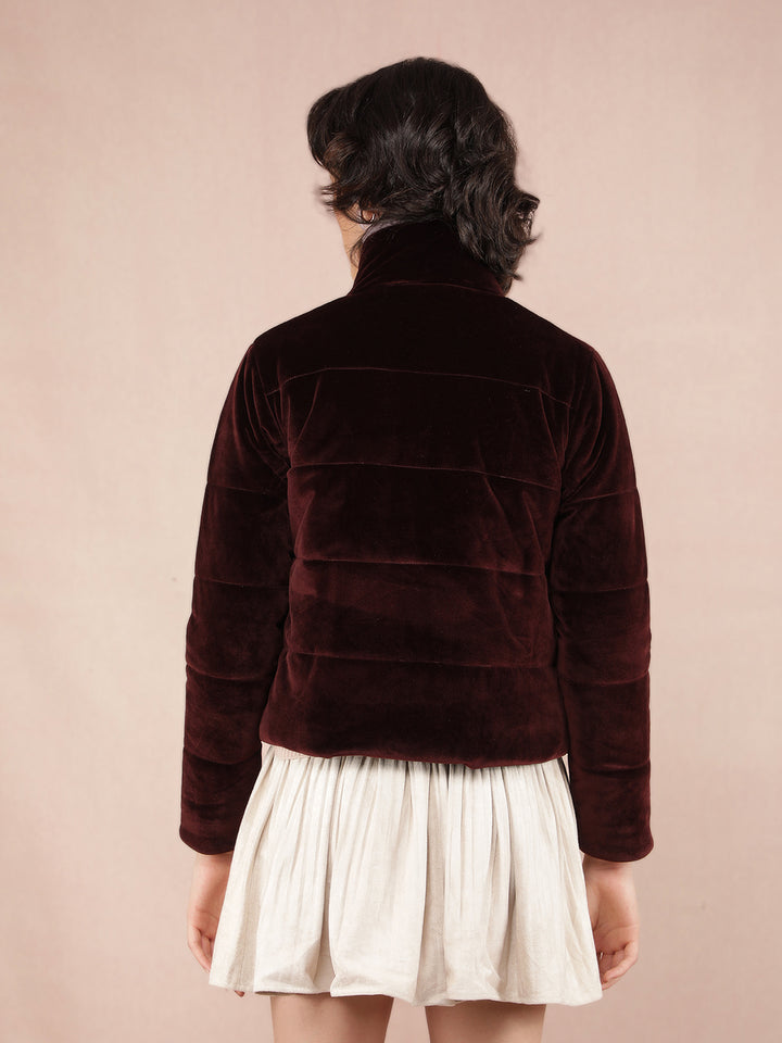 Wine Quilted High Neck Jacket-Women Jackets-Crimsoune Club
