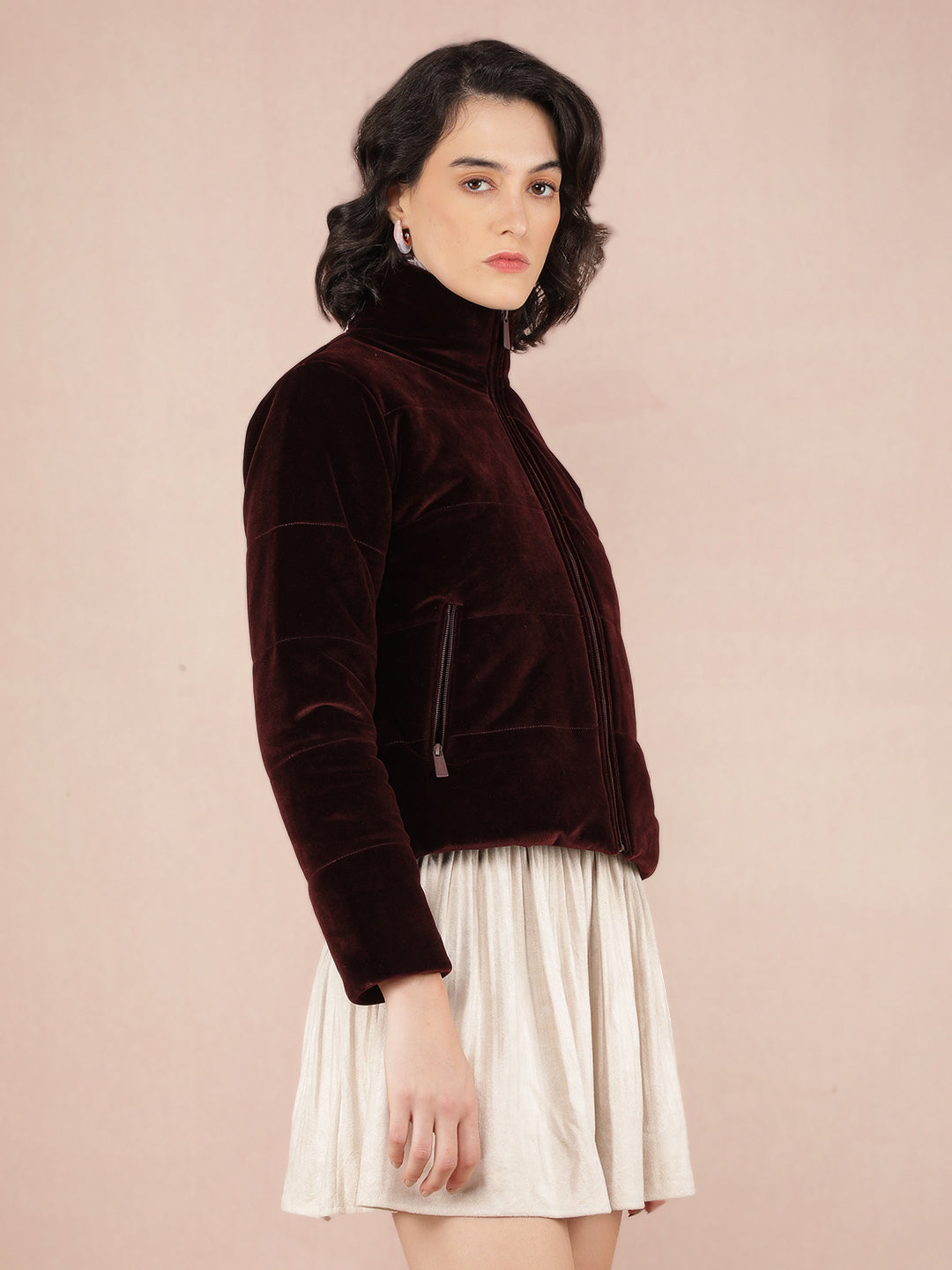 Wine Quilted High Neck Jacket-Women Jackets-Crimsoune Club