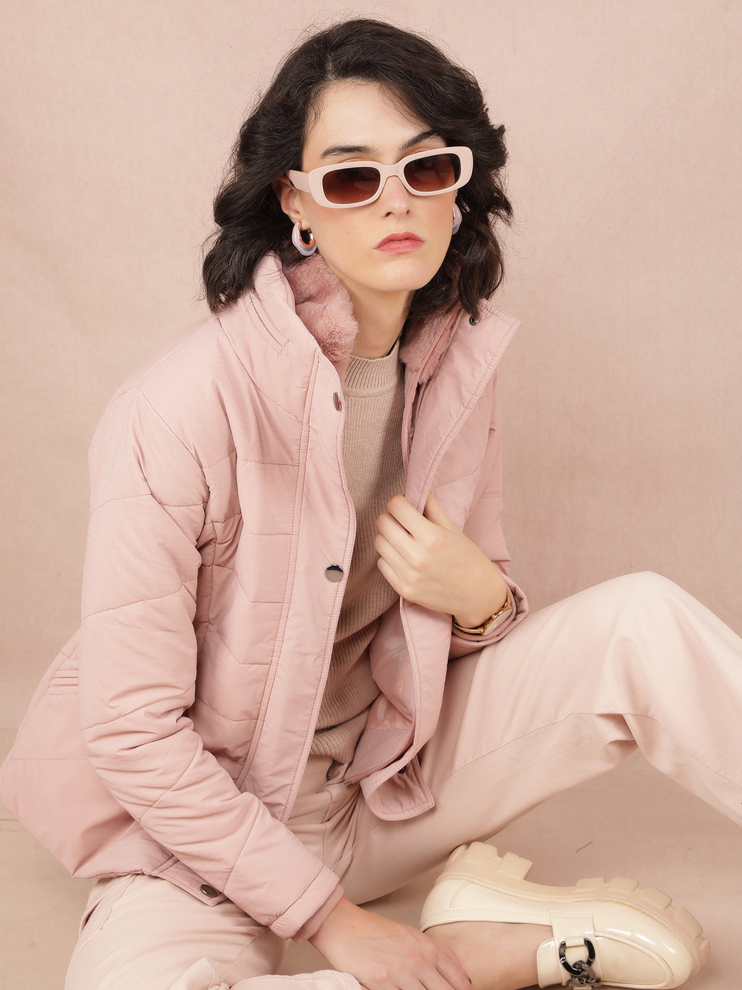Pink Jacquard High Neck Jacket-Women Jackets-Crimsoune Club