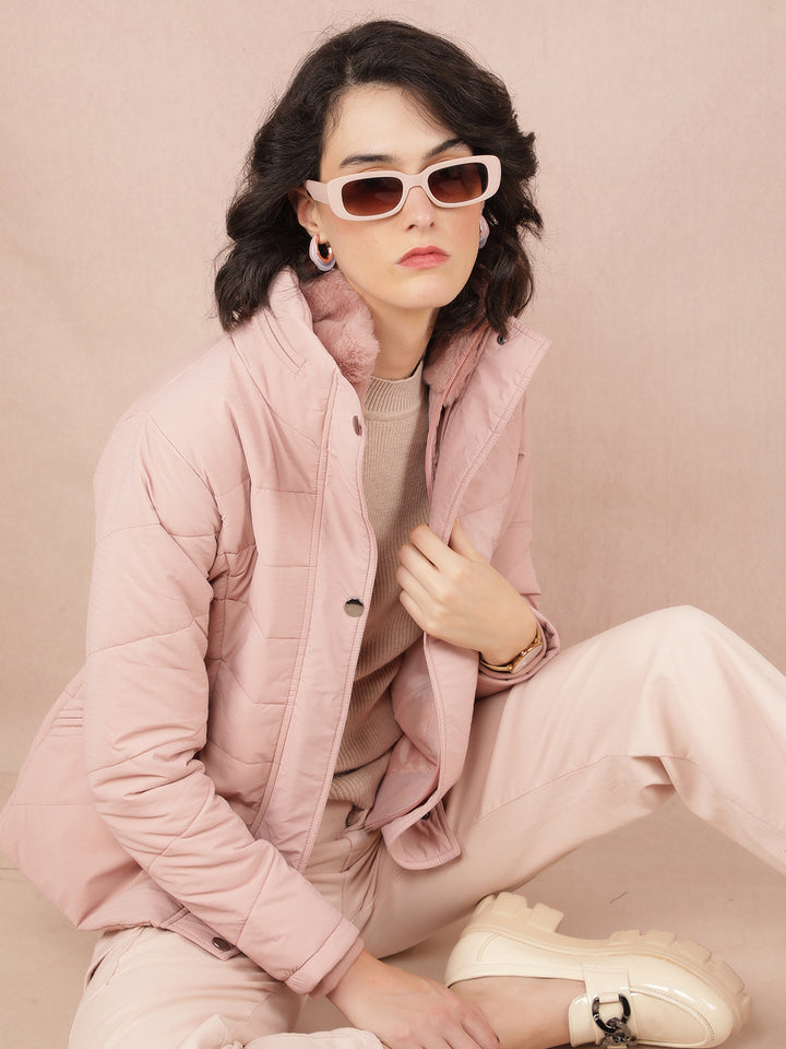 Pink Jacquard High Neck Jacket-Women Jackets-Crimsoune Club