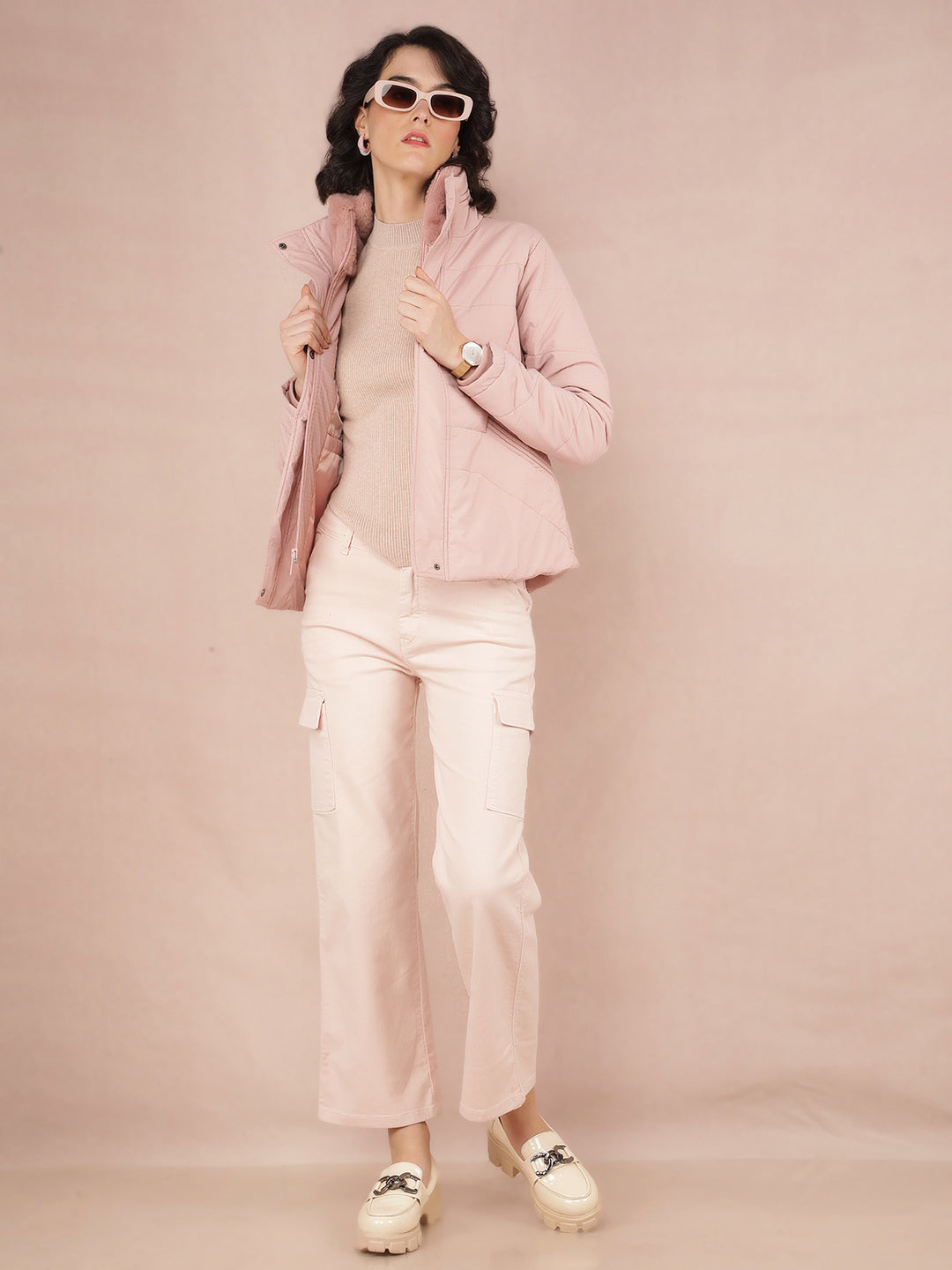 Pink Jacquard High Neck Jacket-Women Jackets-Crimsoune Club