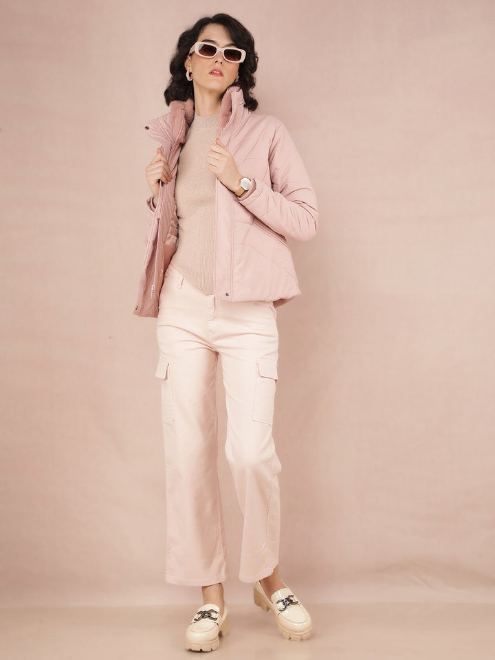 Pink Jacquard High Neck Jacket-Women Jackets-Crimsoune Club