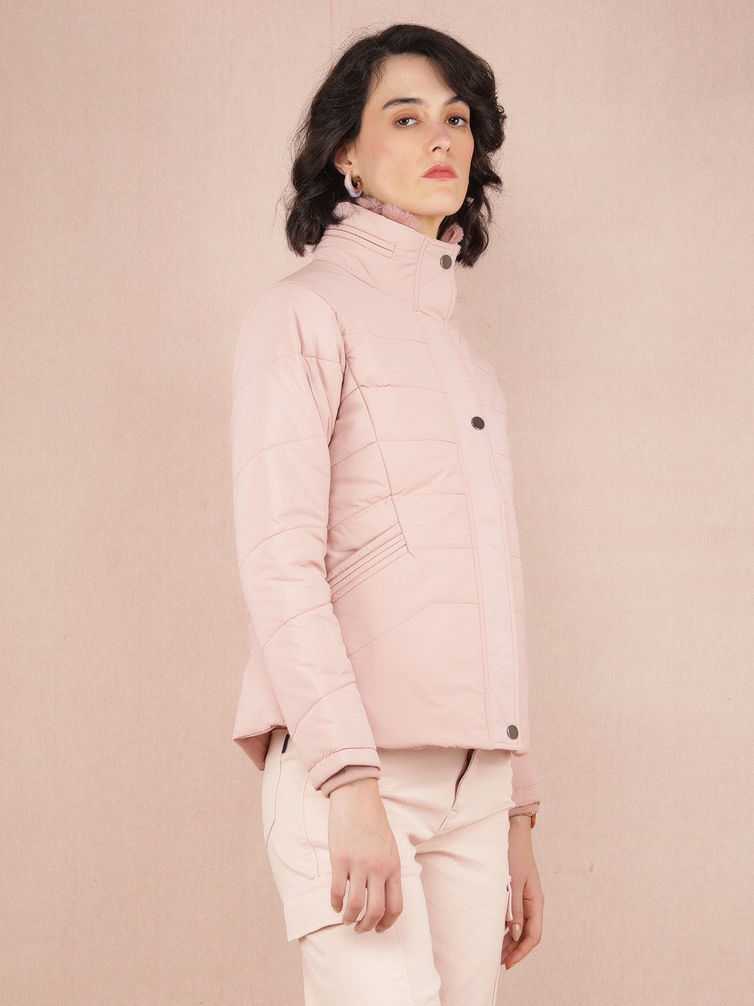 Pink Jacquard High Neck Jacket-Women Jackets-Crimsoune Club