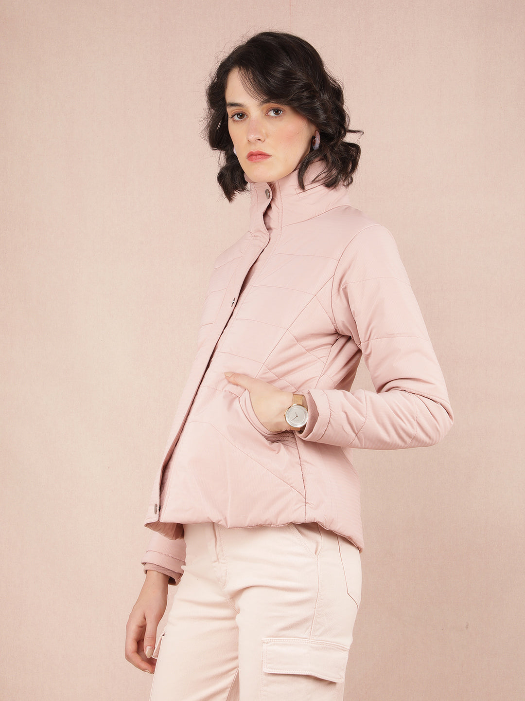 Pink Jacquard High Neck Jacket-Women Jackets-Crimsoune Club