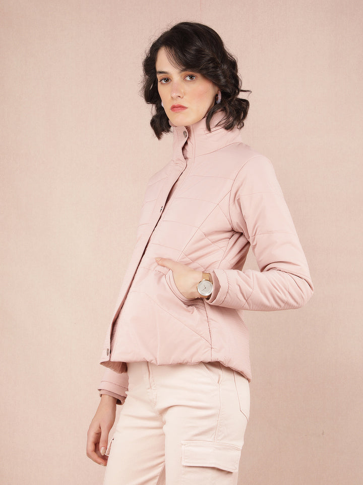 Pink Jacquard High Neck Jacket-Women Jackets-Crimsoune Club