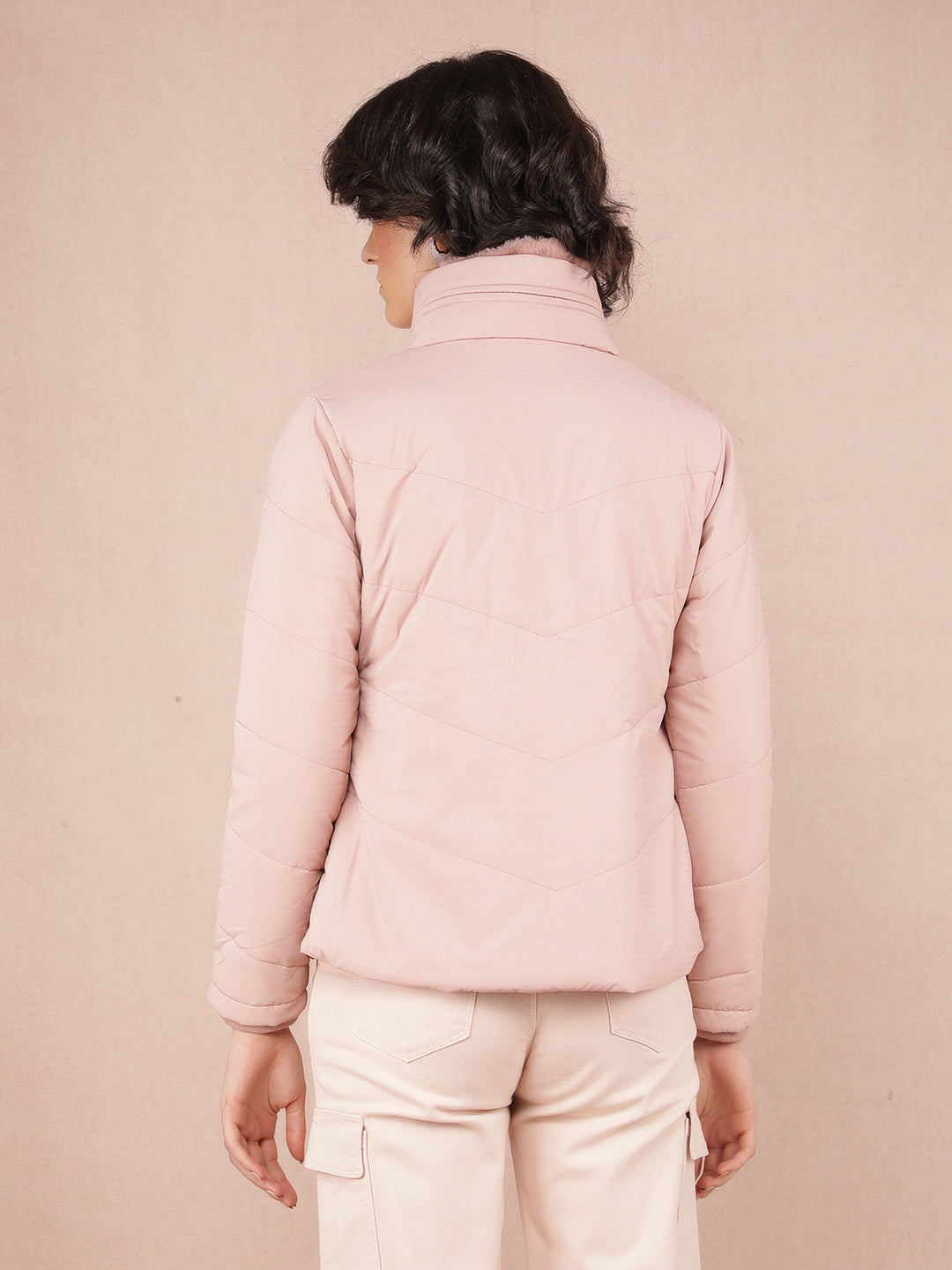 Pink Jacquard High Neck Jacket-Women Jackets-Crimsoune Club