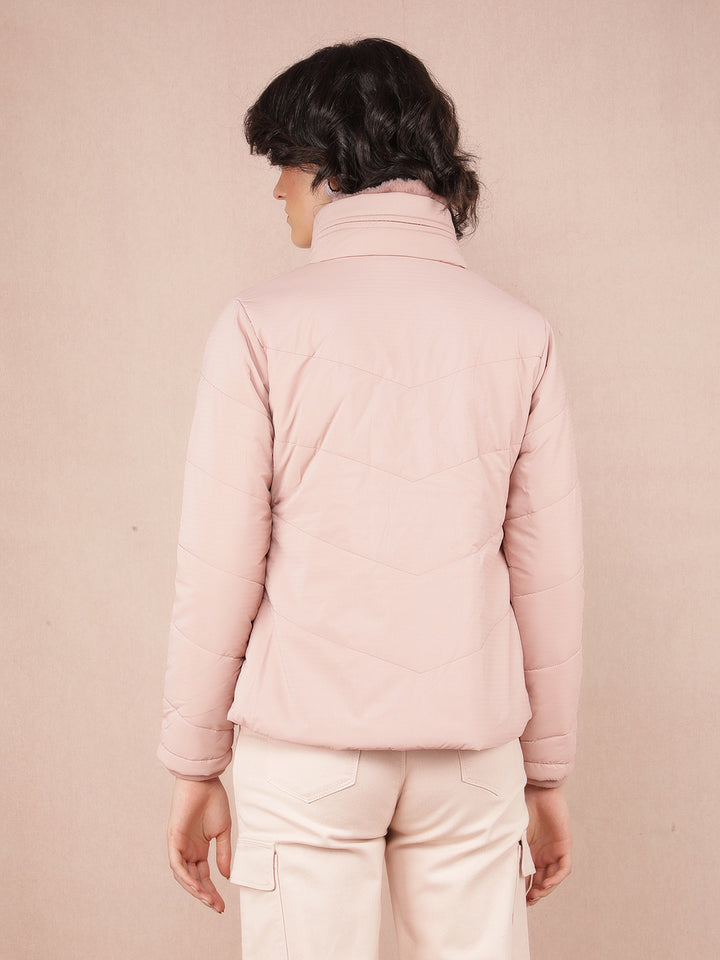 Pink Jacquard High Neck Jacket-Women Jackets-Crimsoune Club