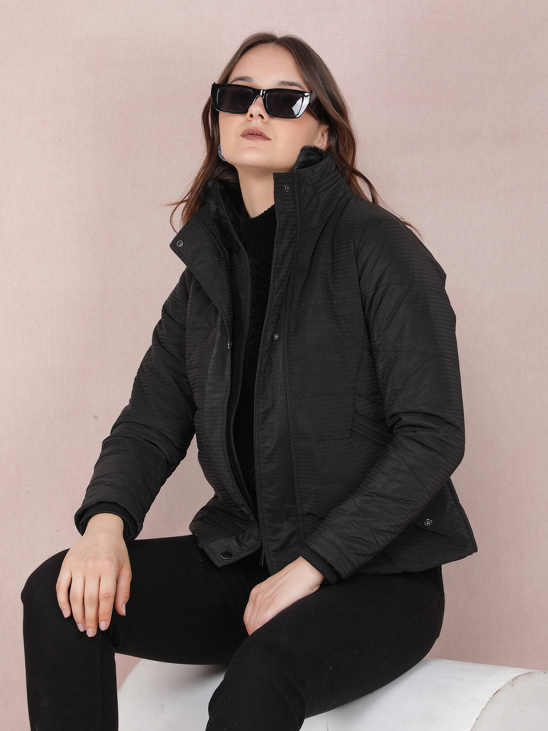 Black Jacquard High Neck Jacket-Women Jackets-Crimsoune Club