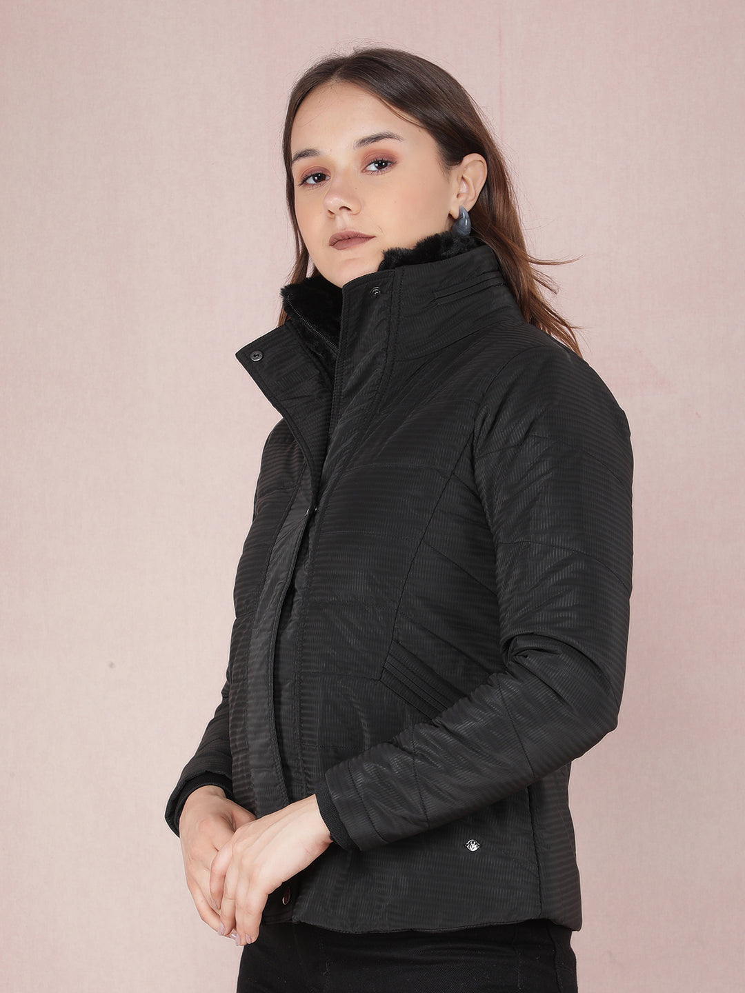 Black Jacquard High Neck Jacket-Women Jackets-Crimsoune Club