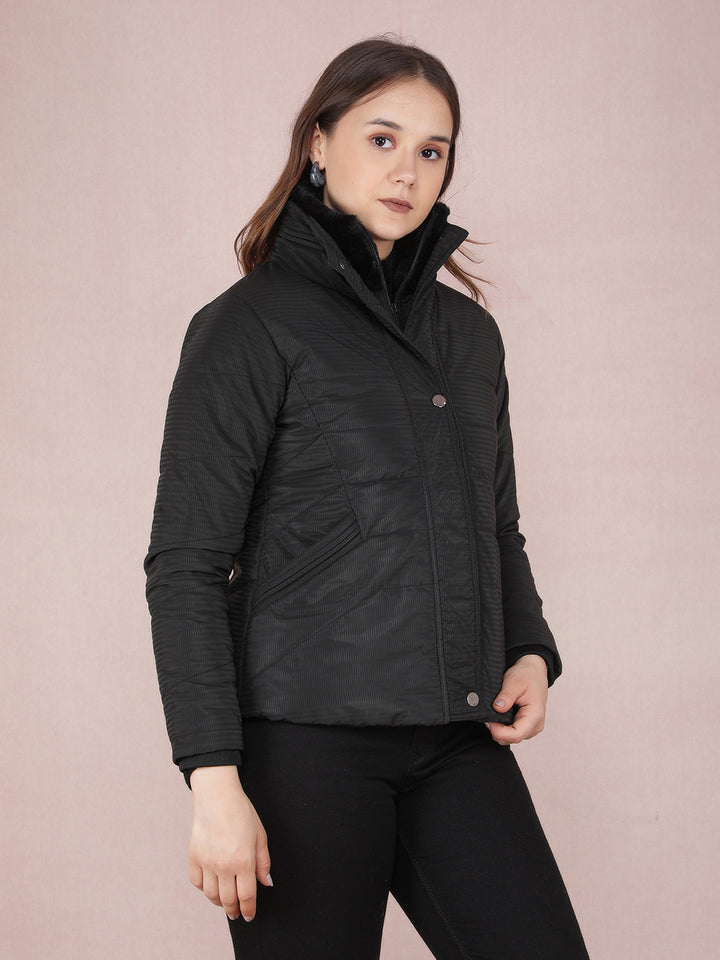 Black Jacquard High Neck Jacket-Women Jackets-Crimsoune Club