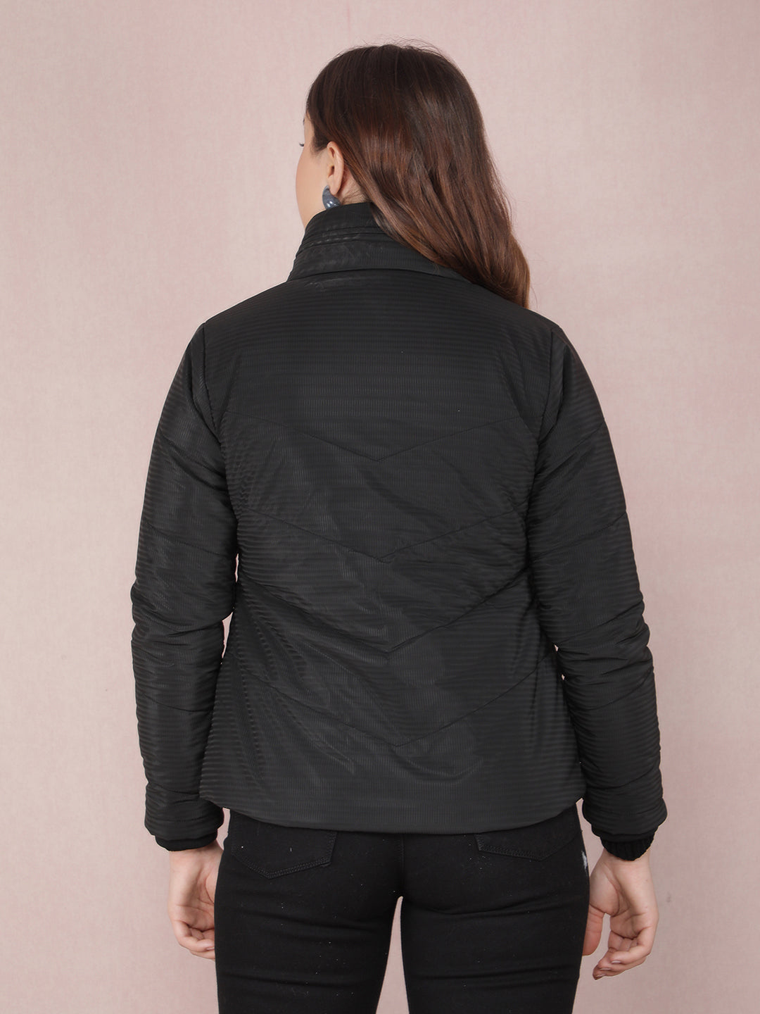 Black Jacquard High Neck Jacket-Women Jackets-Crimsoune Club