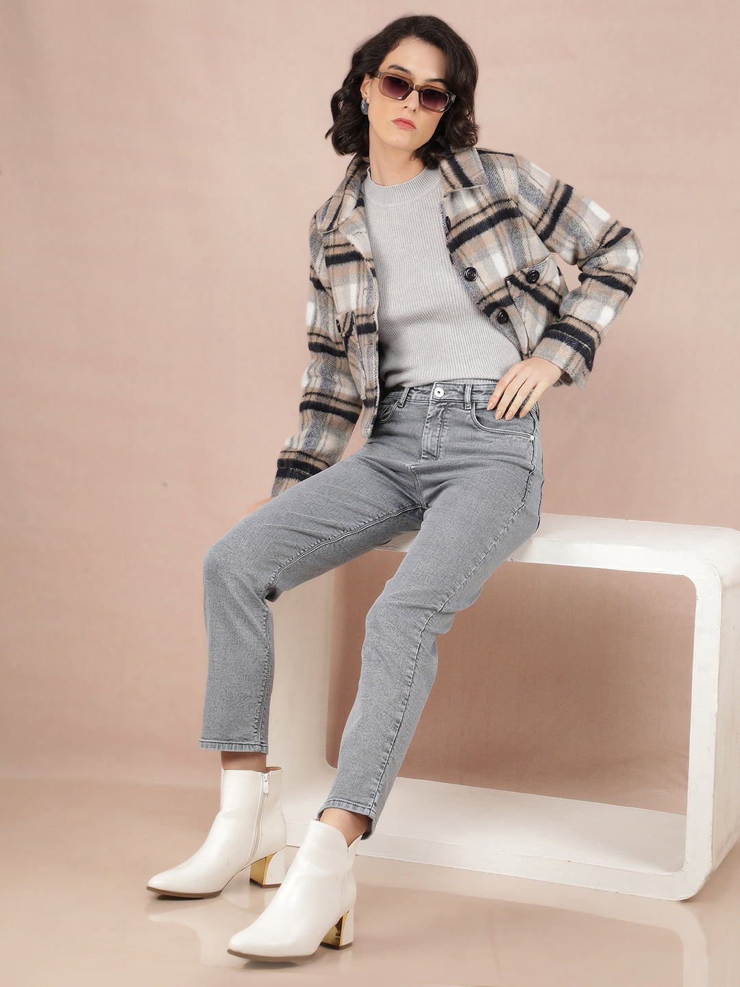 Blue Checked Crop Jacket-Women Jackets-Crimsoune Club
