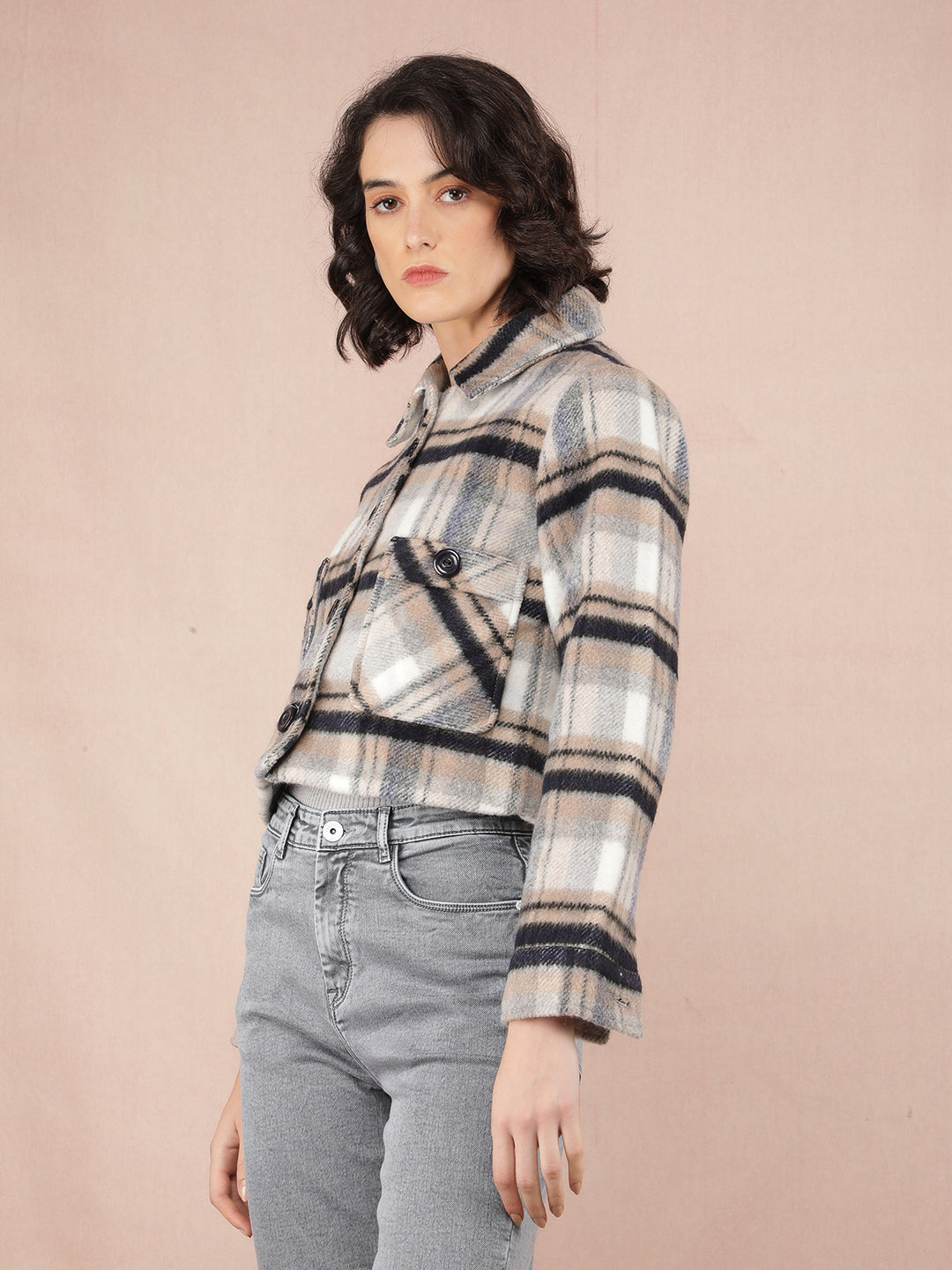 Blue Checked Crop Jacket-Women Jackets-Crimsoune Club