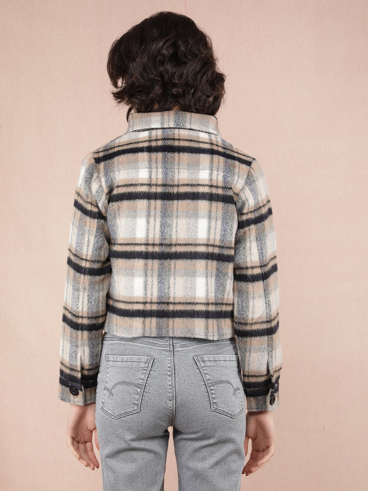 Blue Checked Crop Jacket-Women Jackets-Crimsoune Club