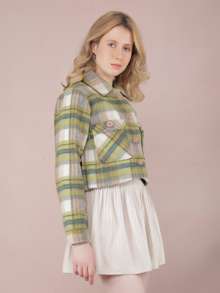 Green Checked Crop Jacket-Women Jackets-Crimsoune Club