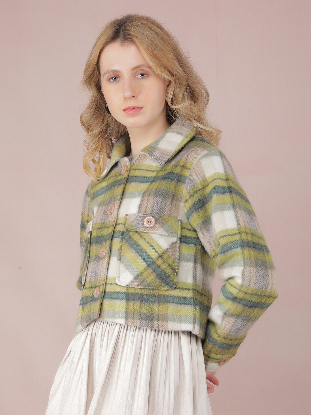 Green Checked Crop Jacket-Women Jackets-Crimsoune Club