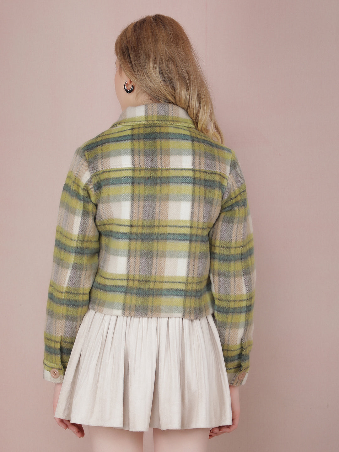 Green Checked Crop Jacket-Women Jackets-Crimsoune Club