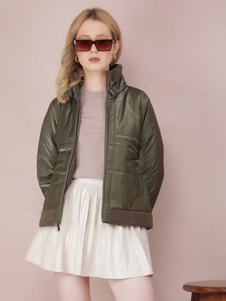 Olive High Neck Quilted Jacket-Women Jackets-Crimsoune Club