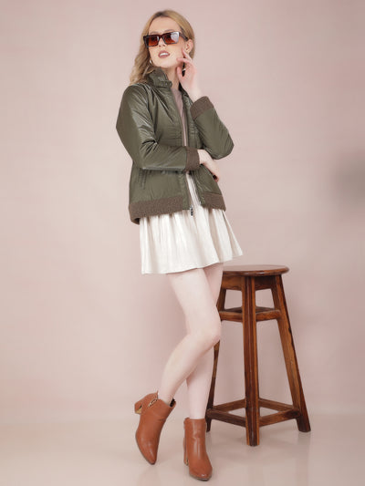 Olive High Neck Quilted Jacket-Women Jackets-Crimsoune Club