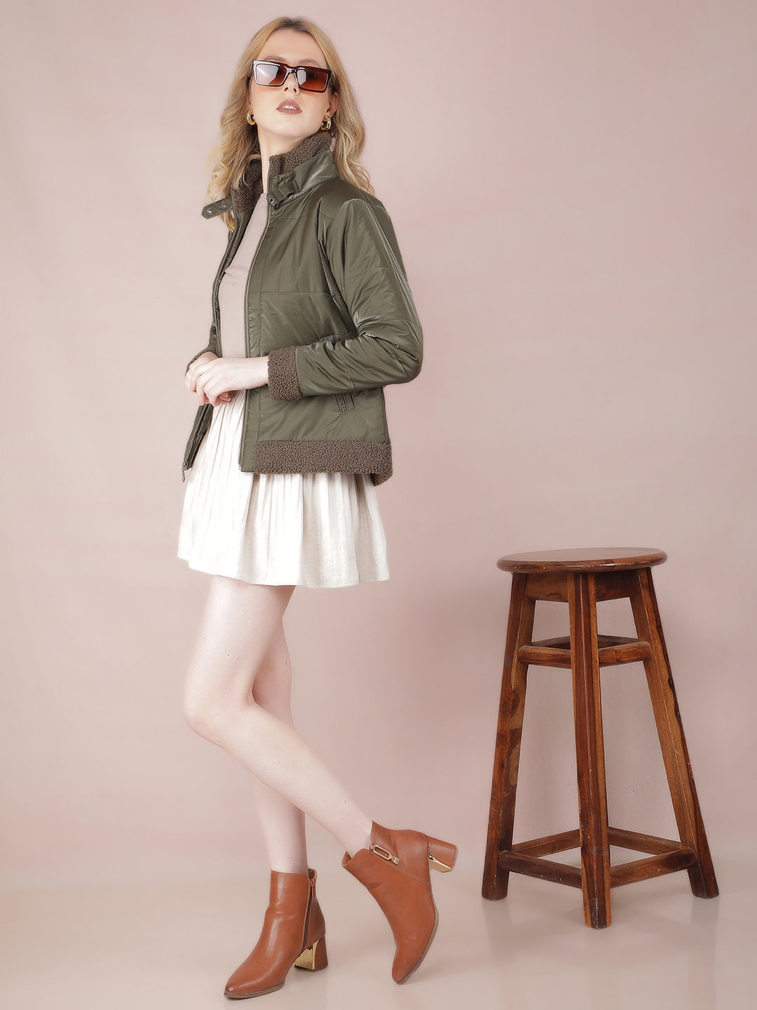 Olive High Neck Quilted Jacket-Women Jackets-Crimsoune Club