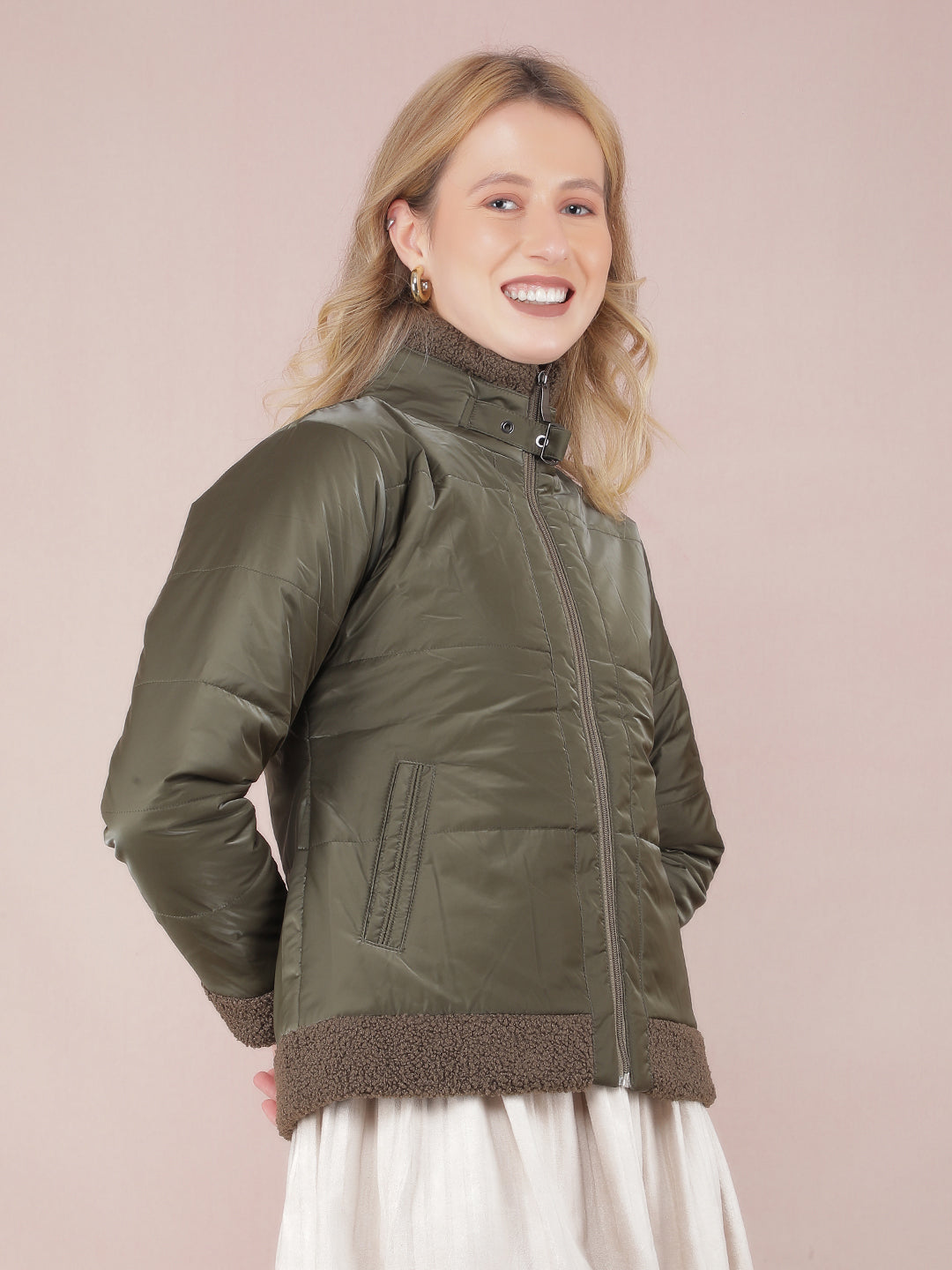 Olive High Neck Quilted Jacket-Women Jackets-Crimsoune Club