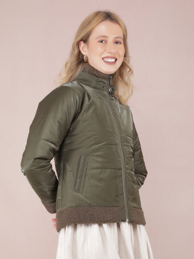 Olive High Neck Quilted Jacket-Women Jackets-Crimsoune Club