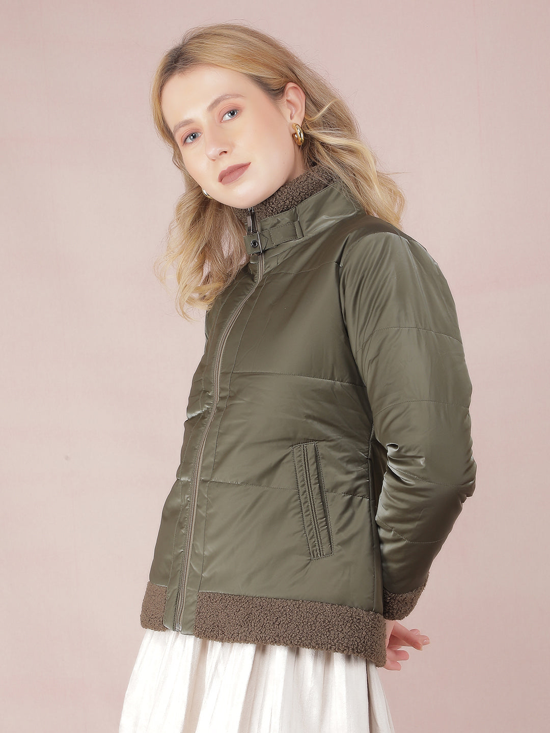 Olive High Neck Quilted Jacket-Women Jackets-Crimsoune Club