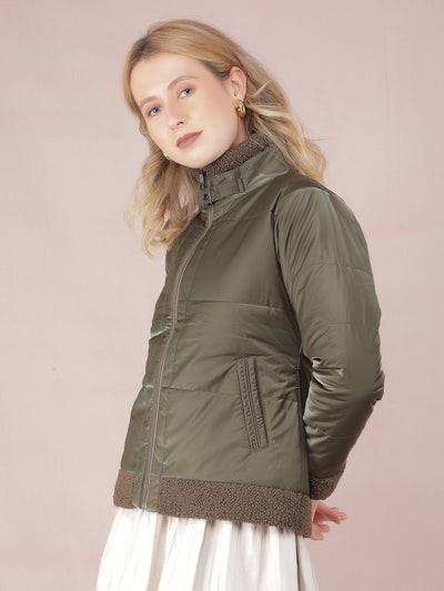 Olive High Neck Quilted Jacket-Women Jackets-Crimsoune Club