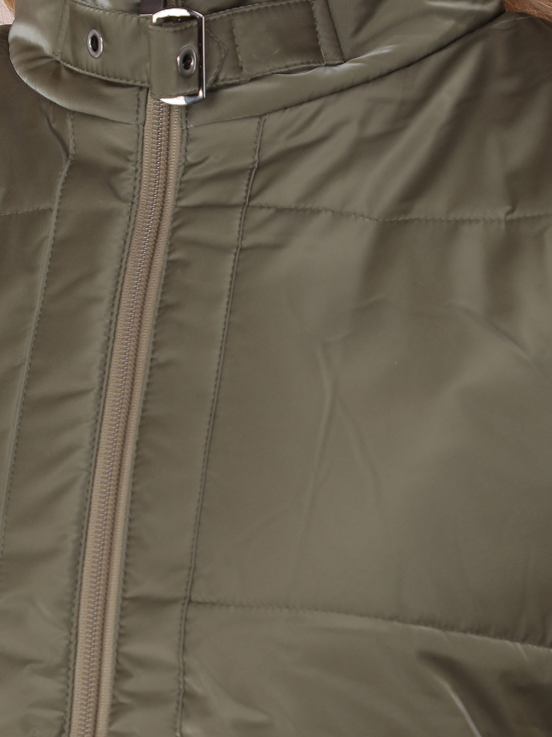 Olive High Neck Quilted Jacket-Women Jackets-Crimsoune Club