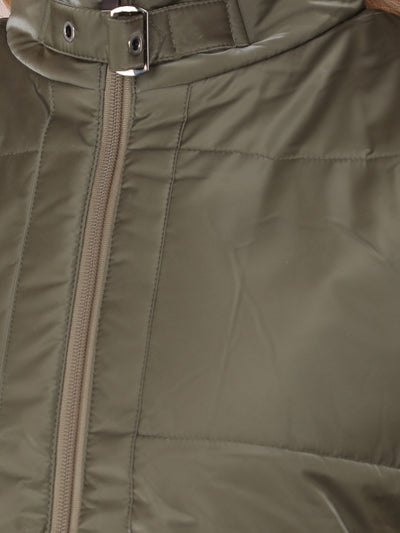 Olive High Neck Quilted Jacket-Women Jackets-Crimsoune Club