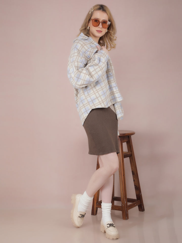 Off White Checked Shacket-Women Shackets-Crimsoune Club