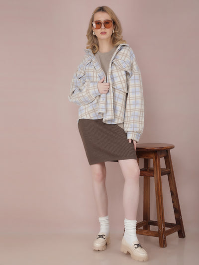 Off White Checked Shacket-Women Shackets-Crimsoune Club