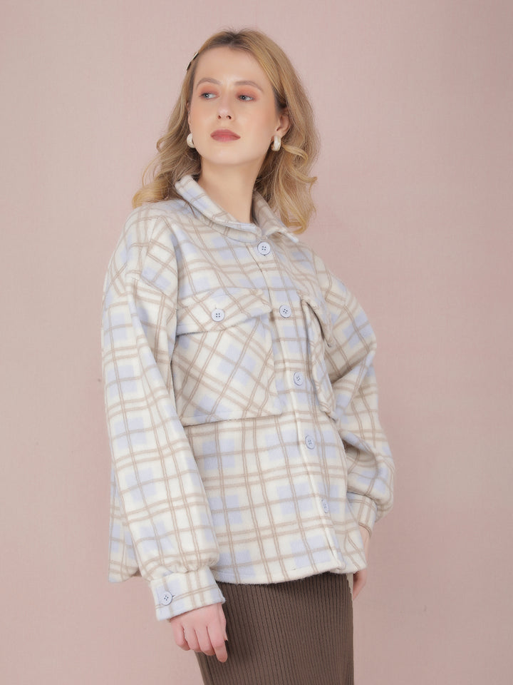 Off White Checked Shacket-Women Shackets-Crimsoune Club