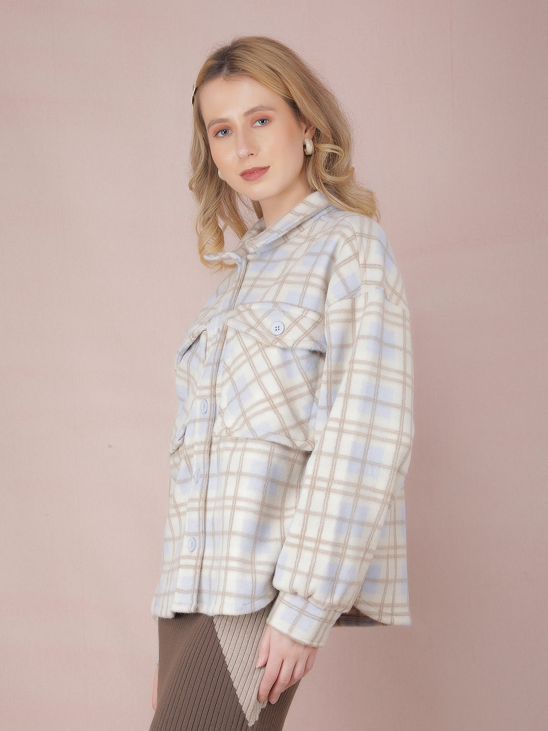 Off White Checked Shacket-Women Shackets-Crimsoune Club