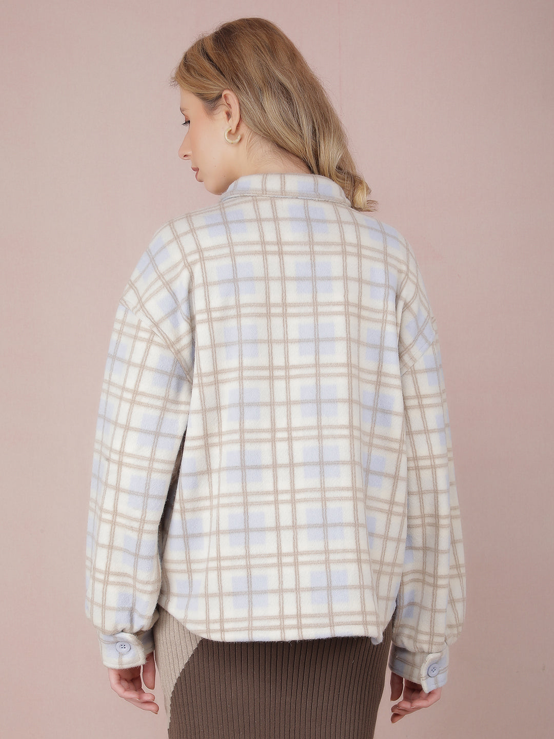 Off White Checked Shacket-Women Shackets-Crimsoune Club