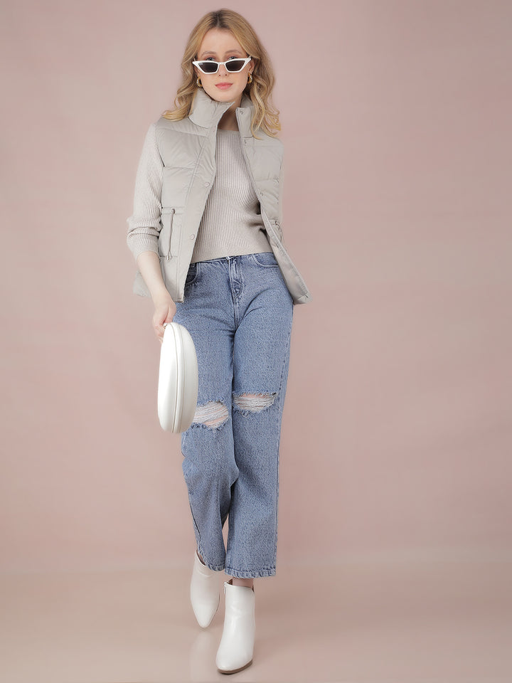 Grey Sleeveless High Neck Jacket-Women Jackets-Crimsoune Club