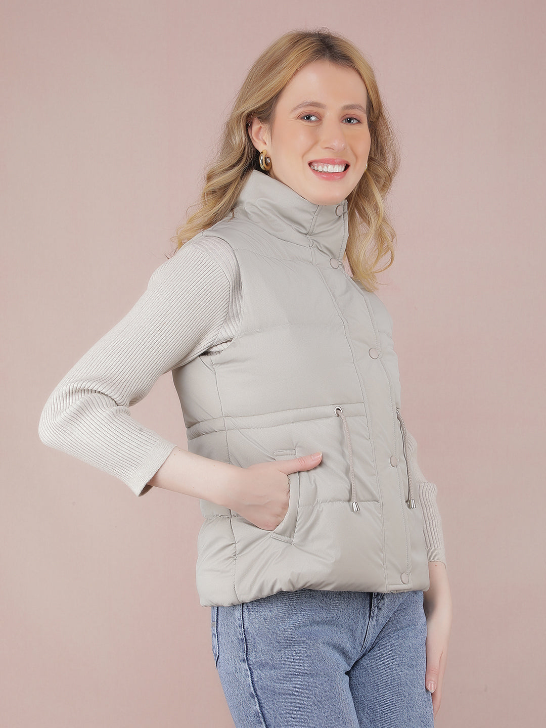 Grey Sleeveless High Neck Jacket-Women Jackets-Crimsoune Club