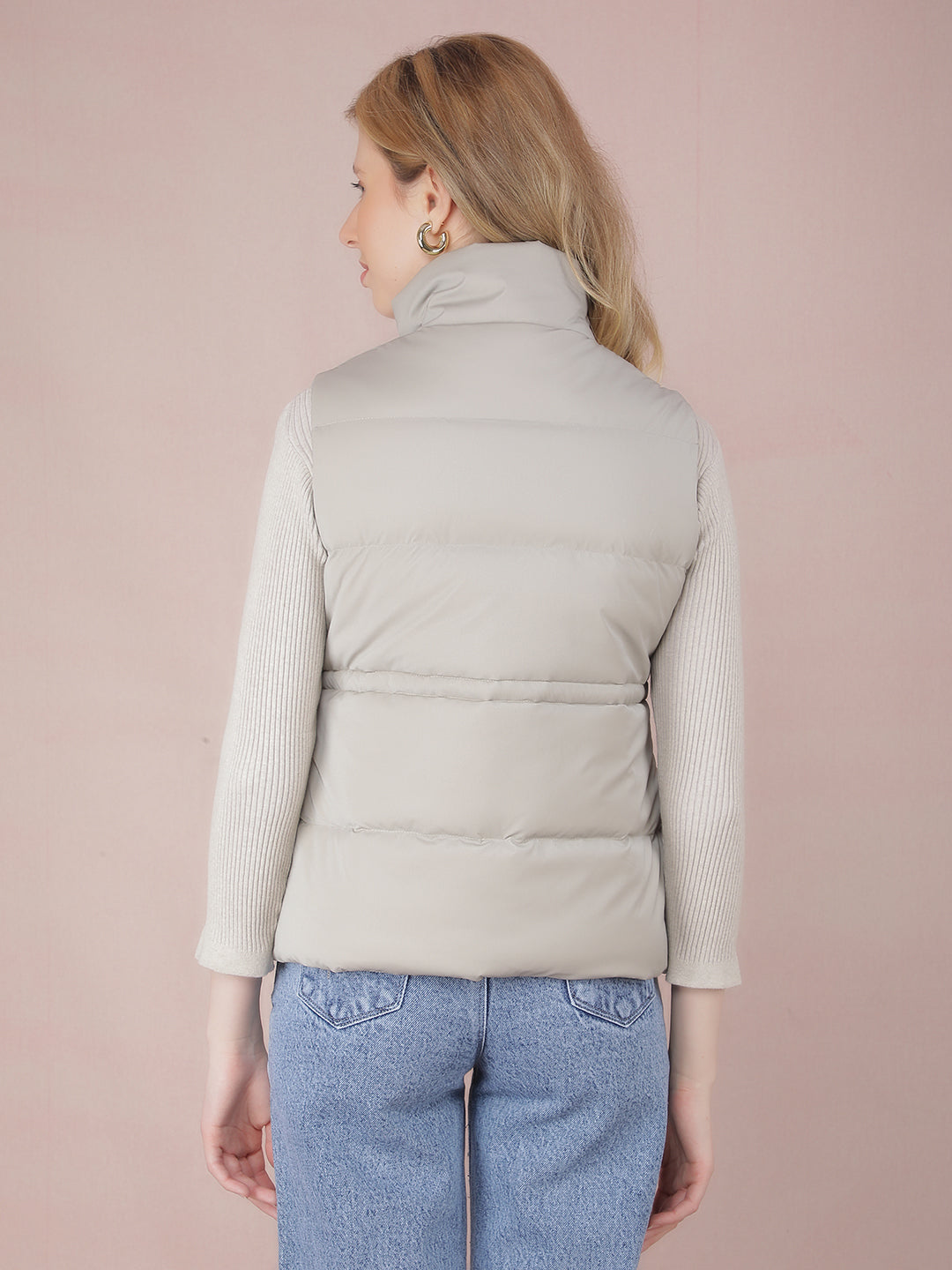 Grey Sleeveless High Neck Jacket-Women Jackets-Crimsoune Club